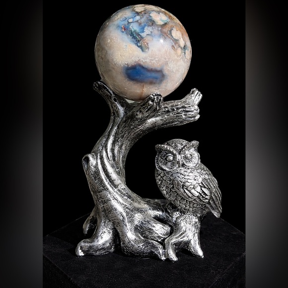 Other - Silver Owl Sphere holder with a Blue Flower agate sphere